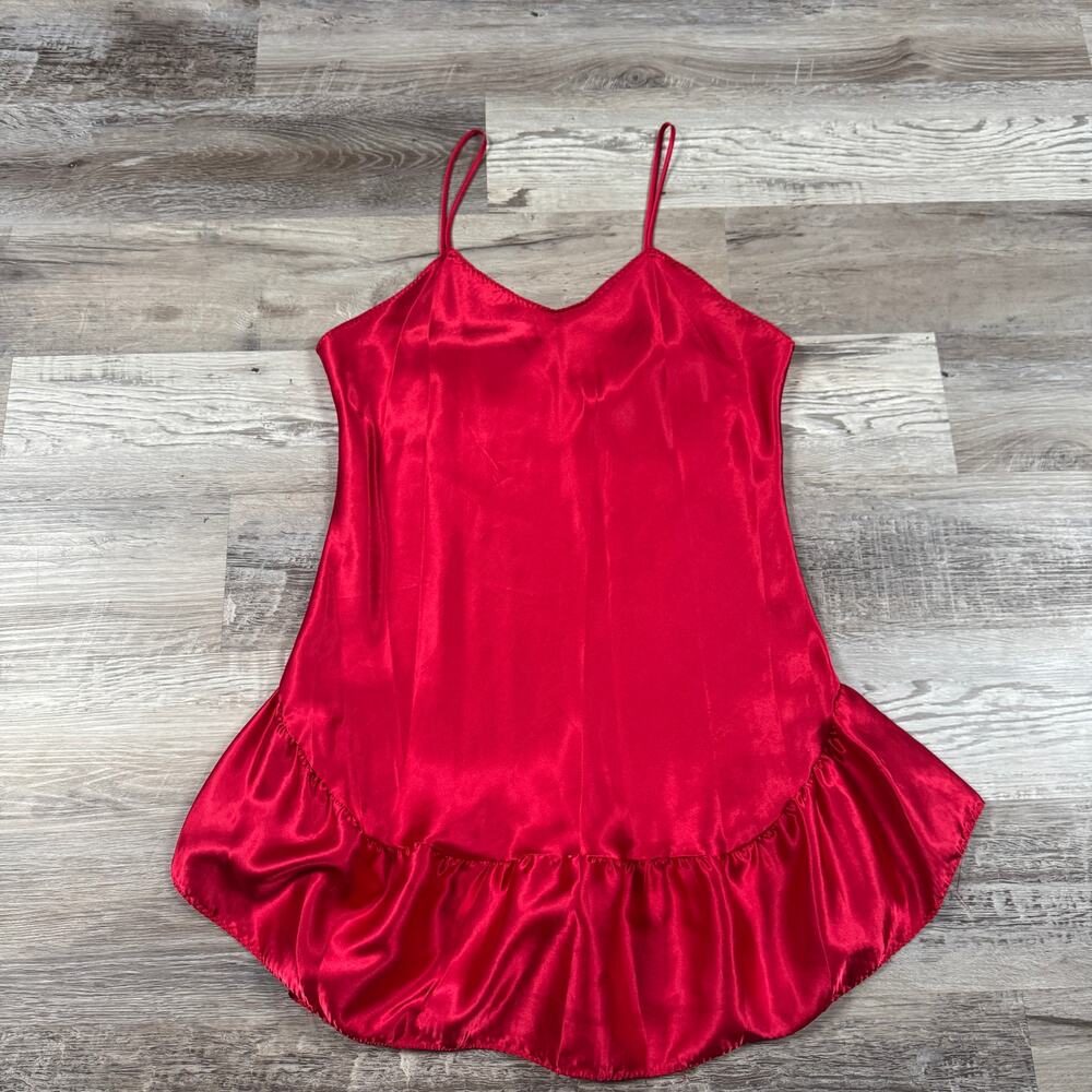 Vintage 90s Red Satin Slip Dress Ruffle Hem Nightgown Coquette Boudoir Y2K M